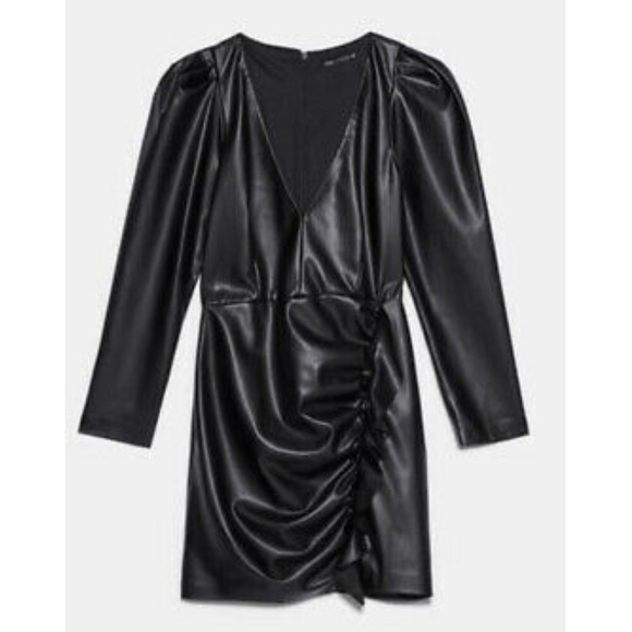 Zara women black faux leather ruched mini dress XS three quarter sleeve LBD NWT - Picture 6 of 6